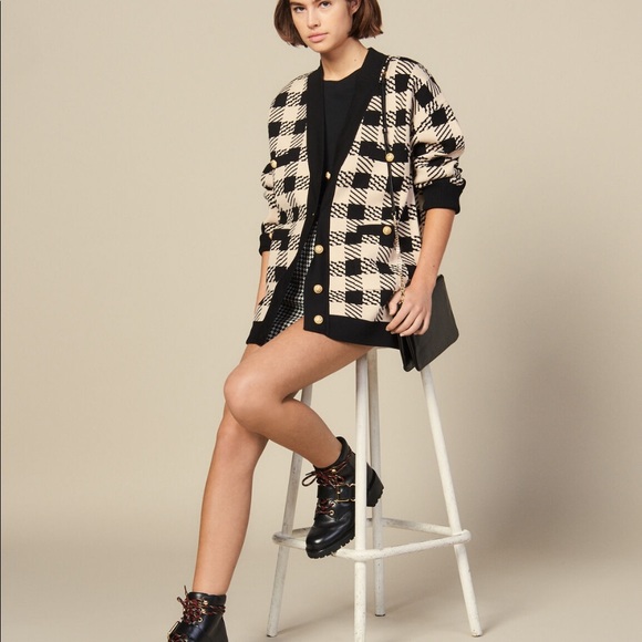 Sandro Checked Jisou Beige Cardigan - Picture 1 of 7